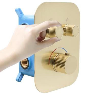 Imagem de Kit de válvula de desvio termostático de chuveiro bidirecional dourado escovado - latão sólido, fluxo ajustável, válvula misturadora de controle de temperatura - perfeito para renovação de banheiro