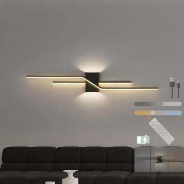 Imagem de GZZBMY Lâmpada de parede moderna de LED regulável com arandelas de parede de controle remoto recarregável por USB, luzes de parede internas de alumínio preto linear para decoração de quarto de