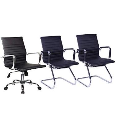 Imagem de Conjunto com 1 Cadeira Diretor Giratória e 2 Cadeiras Executivas base fixa para Escritório Esteirinha Boston Preto