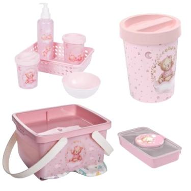 Imagem de Kit Higiene Bebê 4 Pçs Plasútil Lixeira Porta Fraldas Lenços (Ursa Rosa)