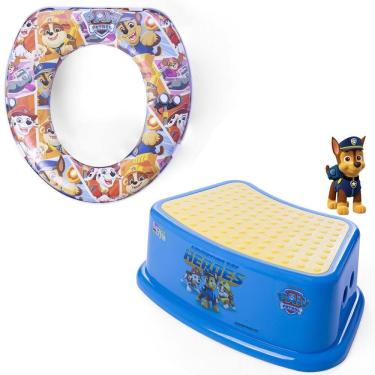 Imagem de Kit Redutor de Assento Vaso Sanitário Infantil Desfralde com Degrau Banheiro Crescidinho Antiderrapante Patrulha Canina Azul Chase
