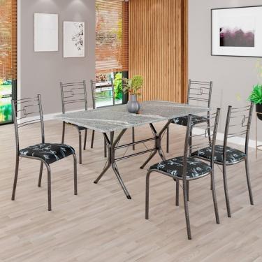 Imagem de Conjunto Sala De Jantar Mesa Retangular 140x75cm Tampo Granito Topázio 6 Cadeiras Paraty Preto Floral - Mart Prata