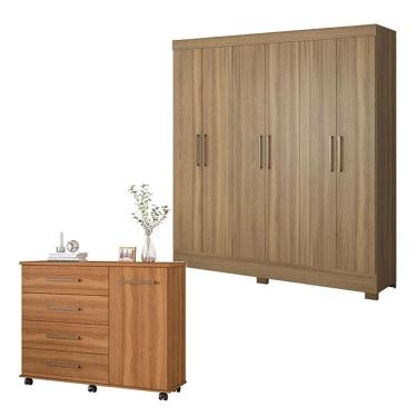 Imagem de Cômoda e Guarda Roupa Casal Flora Prático 7 Portas 7 Gavetas em MDP com Corrediças Tele...