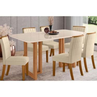 Imagem de Conjunto Mesa De Cozinha Yara Sc79 Tampo Madeirado Com Vidro Canto Curvo 160x90cm E 6 Cadeiras Tauá Nature Linho Henn