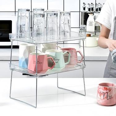 Imagem de Organizador de prateleira de armazenamento dobrável, prateleiras empilháveis de armário de cozinha 29 × 20 × 15 cm, prateleira de bancada dobrável para despensa, temperos, pratos (pacote com 2)