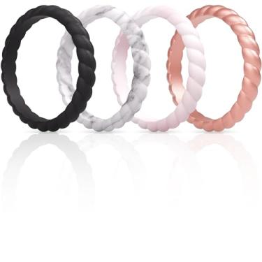 Imagem de Alianças de casamento ThunderFit de silicone para mulheres, trançadas finas empilháveis – 3,1 mm de largura – 2 mm de espessura (preto, mármore, ouro rosa, mármore rosa claro – Tamanho – 3,5 – 4 (14,9 mm))