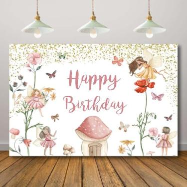 Imagem de Rcoaror Fundo de festa de aniversário de fada com flores cogumelo borboleta princesa para fotografia, crianças, meninas, elfos mágicos, lembrancinhas de festa de aniversário, decoração de mesa de bolo