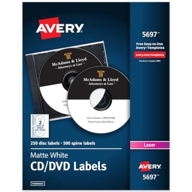 Imagem de Avery Etiquetas de CD imprimíveis, branco fosco, adesivo permanente, compatível com impressora a laser, 250 discos e 500 etiquetas de lombada, ideal para DVDs, discos de PC, projetos de mídia e mais