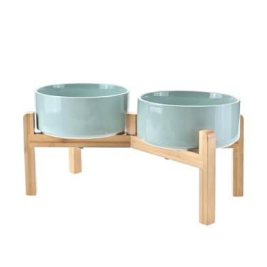 Imagem de SPUNKYJUNKY Tigelas elevadas de cerâmica para cães, 19,3 cm, com suporte de bambu antiderrapante para raças de tamanho médio a grande, podem ser lavadas no micro-ondas - 1,2 g, verde claro