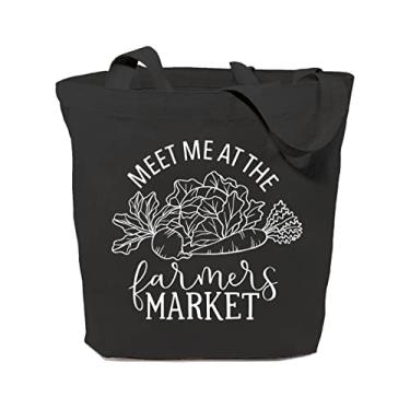 Imagem de GXVUIS Bolsa feminina Meet Me at the Farmers Market, sacola de lona, para mulheres, estética, legumes, reutilizável, supermercado, ombro para compras, preta