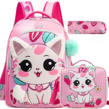 Imagem de ZBAOGTW Mochilas escolares fofas para meninas, mochila escolar para meninas, mochila escolar leve com lancheira, Gato morango rosa