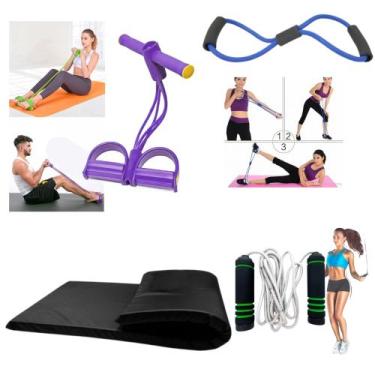 Imagem de Kit Treino Academia em Casa Colchonete + Elástico de tensão + Corda de