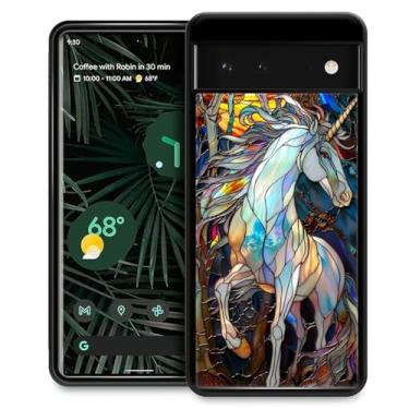 Imagem de CARLOCA Capa compatível com o Google Pixel 7 para meninas à prova de choque antiarranhões capa traseira de PC rígida estética padrão branco unicórnio colorido vitral