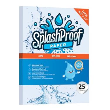 Imagem de SplashProof Papel para impressora - 21,6 cm x 28 cm, papel impermeável de 8 mil, compatível com impressora a laser e máquina de copiar (carta - 21,6 cm x 28 cm, 25 folhas)