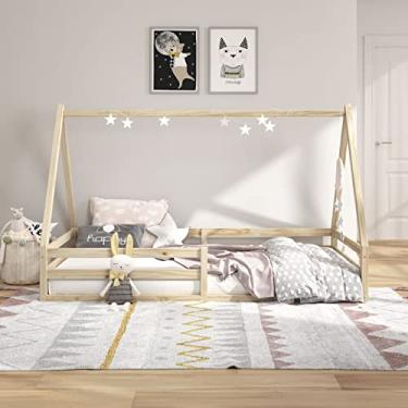 Imagem de IDIMEX Cama Montessoriana Solteiro Madeira Maciça Casinha Estrado Sila cor Natural no chão