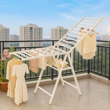 Imagem de Varal De Chão Aço Sem Rodinhas Reforçado Com Abas Retrátil Varal de Roupas Dobrável Portátil, Branco off white, para Varanda e Área de Serviço