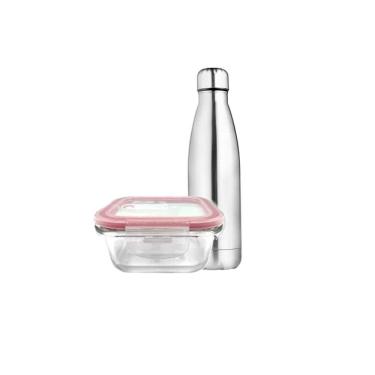 Imagem de Pote Vidro Hermético Marmita 800ml Com Garrafa Térmica Cinza