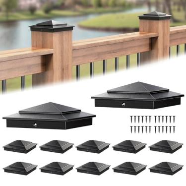 Imagem de Funerlulu Tampas de poste de alumínio 4x4 para trilhos de deck (real 8,9 cm x 8,9 cm), tampas de postes de cerca com parafusos, tampa de postes de deck de pirâmide preta para trilho de madeira, capa