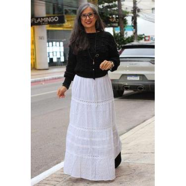 Imagem de Saia Longa Xadrez Boho Chic Feminina Algodão Primavera Renda - NEHA
