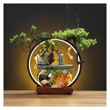 Imagem de XFNVXC Fonte decorativa para interior fonte de mesa fonte de cachoeira com lâmpada círculo e tanque de peixes mesa decoração de água corrente escritório decoração de casa fonte rochosa casa