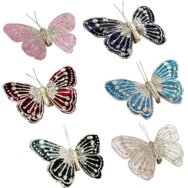 Imagem de 12 peças de borboletas artificiais com glitter para decoração de árvore de Natal, artesanato, buquê de flores, enfeite para arranjos florais, acessório de casamento