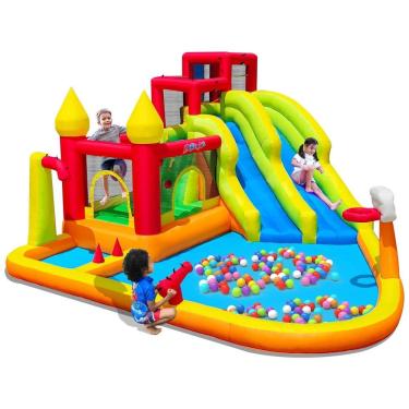 Imagem de Parque Aquático Inflável até 160 kg com Escorregadores, Canhão de Água e Parede de Escalada para Crianças Acima de 3 Anos, MIRUNAIR KC101