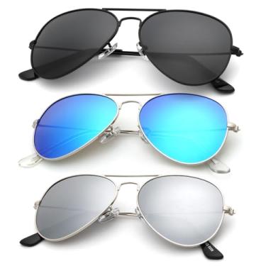 Imagem de Óculos de sol aviador para homens e mulheres para dirigir óculos de sol clássicos (pacote com 3) 58 mm, Preto/azul/prata, Medium