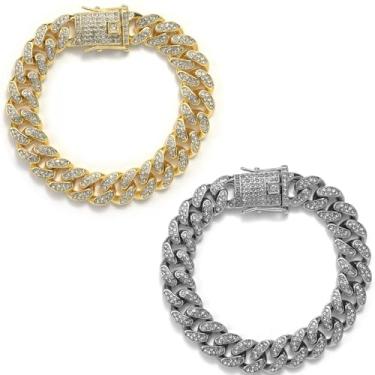 Imagem de Colar de strass para animais de estimação com elos cubanos de diamante, elos cubanos, 2 peças, corrente de metal, acessórios para gatos, cães, gatinhos, filhotes, dourado e slivery (50,8 cm)