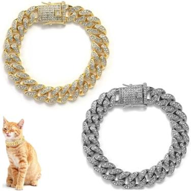 Imagem de 2 coleiras de diamante com elos cubanos para caminhada com fivela segura para animais de estimação, corrente de metal, acessórios de joias para gatos, cães, gatinhos, filhotes, dourado e slivery (45,7