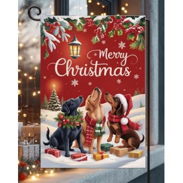 Imagem de Bandeira de jardim de cachorro de Natal 30 x 45 cm vertical dupla face externa, Feliz Natal inverno feriado quintal gramado bandeira decorativa ao ar livre