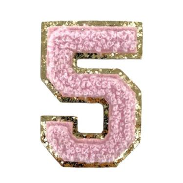 Imagem de Remendos iniciais universitários de glitter dourado e chenille rosa, adesivo adesivo 3M, 5,7 cm de altura (5)