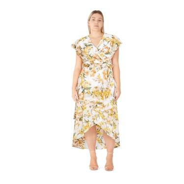 Imagem de City Chic Vestido feminino para coquetel - Maxi estampado em camadas flare, Floral amarelo, 52