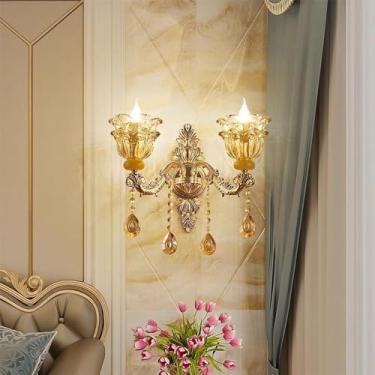 Imagem de Luminária de parede de cristal de luxo europeia, moderna, com LED, para decoração de sala de estar, quarto, escritório, quarto modelo, hotel, casa de campo, corredor (C 2 lâmpadas, 1 peça)