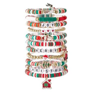 Imagem de cnomg Pulseiras de Natal da Amizade de Natal Conjunto de Pulseiras Elásticas com Contas para Mulheres Presentes Festivos de Aniversário, One Size, Miçanga, Sem Pedra Preciosa