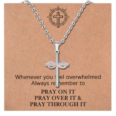 Imagem de CANDYFANCY Colar de cruz para mulheres, prata, ouro rosa, infinito, cruz, colar de aço inoxidável, fé cristã, joia espiritual, joia inspiradora de Natal, Halloween, presentes