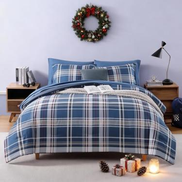 Imagem de AMBERSPACE Conjunto de edredom solteiro xadrez, azul médio, 5 peças, para meninos, meninas, adolescentes, cama leve em uma bolsa para dormitório, lençol com lençóis, fronhas e fronhas