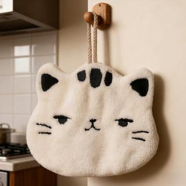 Imagem de 1 toalha de gato fofa com laço para pendurar toalhas de dedo coral macias absorventes enfeite de pendurar bonito para cozinha e banheiro (gato bell)