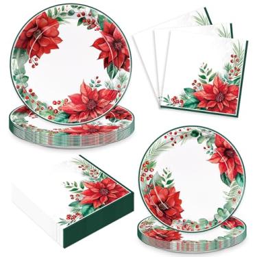 Imagem de 200 peças de pratos de flores de poinsétia de Natal, guardanapos, suprimentos de festa, conjunto de utensílios de mesa descartáveis, jantares, sobremesas, pratos de papel para Natal, Ano Novo