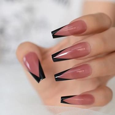 Imagem de Unhas falsas francesas em forma de V base vermelha coral longa bailarina pressionada nas unhas ponta preta gel brilho qualidade unhas 24 NOV