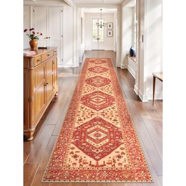 Imagem de SERISSA Tapete de corredor para corredores, tapete lavável antiderrapante para corredor de cozinha de 6,6 cm x 35,6 cm, tapete boho extralongo, ultramacio, vintage, vermelho, bege, para quarto