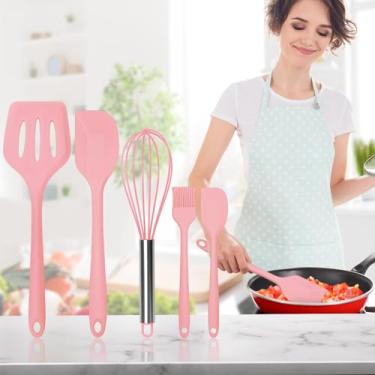 Imagem de Conjunto essencial de utensílios de cozinha – inclui pá de vazamento, espátula, espátula pequena, batedor e escova de silicone - vermelho-rosa