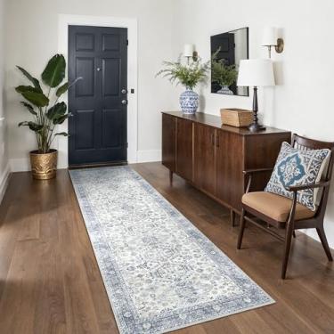 Imagem de Bavni Tapete de corredor lavável 6 cm x 25 cm, antiderrapante vintage, tapete lavável de pilha baixa ultrafina para cozinha, entrada, quarto, azul claro