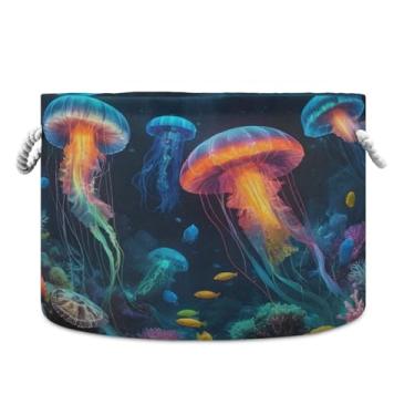 Imagem de JUZIHAI Cesta de armazenamento dobrável de água-viva tartaruga do oceano cesto de roupa suja para bebês com alças de corda de algodão, caixa organizadora de armário dobrável para quarto, berçário