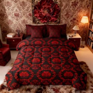 Imagem de Erosebridal Conjunto de edredom king damasco preto e vermelho com lençóis | Jogo de cama gótico vintage floral gótico gótico de 7 peças em uma bolsa, conjunto de cama boêmia de luxo
