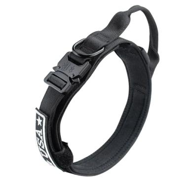 Imagem de Coleira tática para cães. Fivela de metal de liberação rápida resistente ajustável com alça para caminhar com segurança, treinamento de cães. Coleira de cachorro de nylon de qualidade militar K9 com