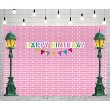 Imagem de Pano de fundo de parede de tijolo rosa de 1,8 x 1,5 m, cenário de feliz aniversário, pano de fundo para fotografia de desenho animado infantil, faixa de chá de bebê para festa
