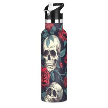 Imagem de Joisal Garrafas de água vintage caveira rosa vermelha com tampa de canudo garrafa de água isolada de aço inoxidável para adolescentes crianças 590 ml à prova de vazamento copos de parede dupla para