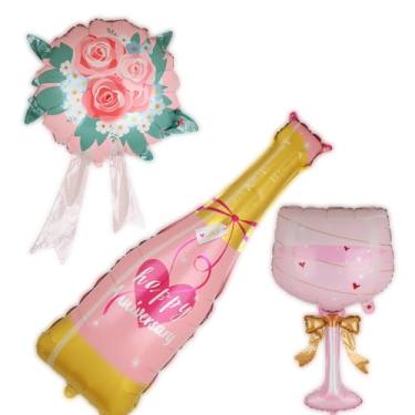 Imagem de Balão de feliz aniversário, garrafa de champanhe, champanhe, vidro, folha, balões, flor, aniversário, noivado, chá de panela, casamento, despedida de solteira, celebração, aniversário, decoração