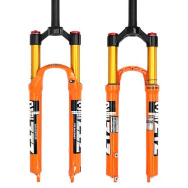 Imagem de B Bolany Garfo de suspensão para bicicleta de montanha, garfo de suspensão para bicicleta de montanha, ar de 26/27,5/73,7 cm, garfo dianteiro de bicicleta de tubo reto/cônico de 100 mm (Laranja/Manual