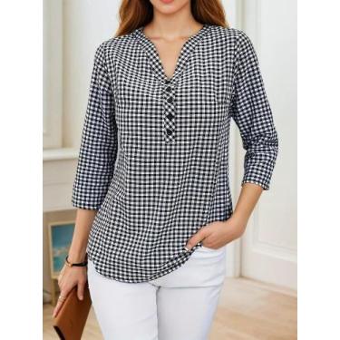 Imagem de Blusa Feminina plus Size Xadrez De Manga Longa Com Decote V Ajustada P